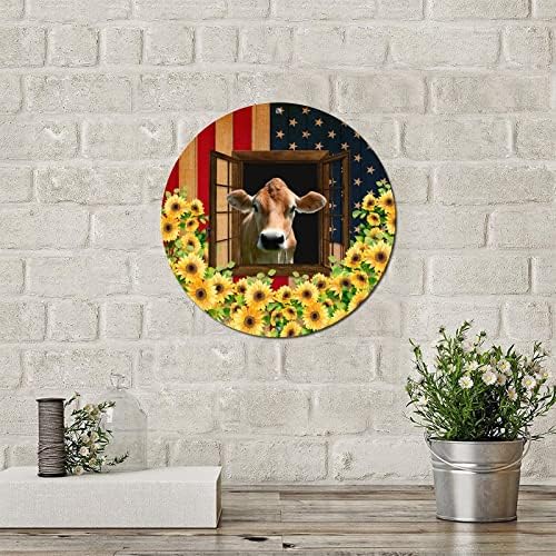 Тркалезен метален знак Плакета изморена американска знаме Смешна фарма крава во прозорци сончогледи исушени wallидни знаци гроздобер венец знак метал постер за каф