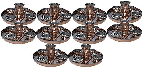 Пакет од 10 поставени не'рѓосувачки челик бакар Традиционален сет за вечера со тали, чинии, стакло и лажица, дијаметар од 12 инчи