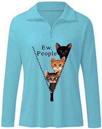 ИСЛМНОР Ципер Маица Женска Мачка Печатење Пуловер В-Вратот Долги Ракави Блузи Плус Големина Туника Блузи