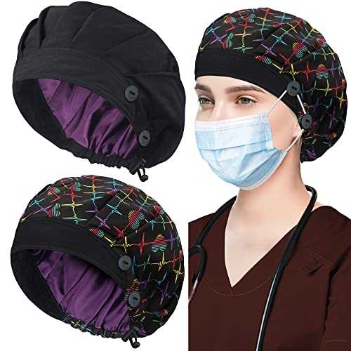 Сатен наредени 2 пакети за работни капачиња со копче и џемпери, прилагодливи работни капи за жени мажи, со една големина на главата на главата