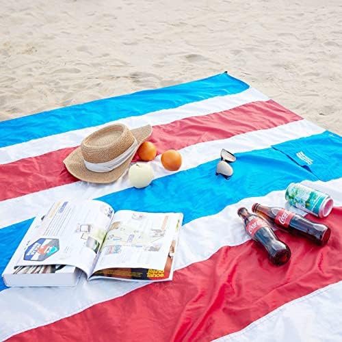 Туристички песочен плажа ќебе водоотпорен плажа мат, 83 „x79“ лесен плажа ќебе за 4-7 возрасни, преносно пикник ќебе со џеб и влогови, семејство