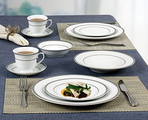 Стилски и елегантен 24 парчиња порцелански сад за вечера за 4 лица - Ешли, сребрена граница