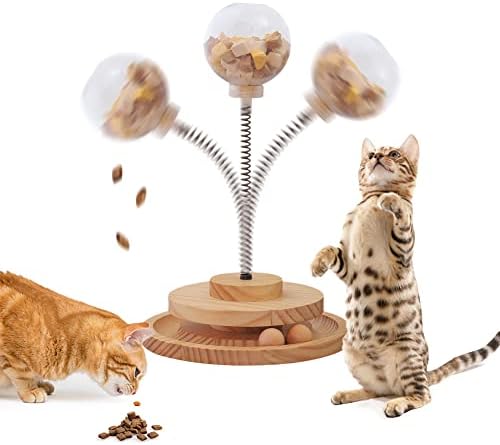 Mondotoy Смешна ролерка мачка играчка дрвена патека топки за пит-мачка, пролетна играчка со протекувачка храна, интерактивни играчки за мачки,