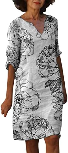 Icodod фустан женски 2023 лето летен ретро цветен печатење V врат памук средна должина со кратки ракави фустани за жени