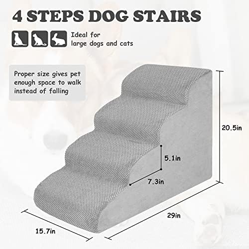 Скали за кучиња Hidog за мали кучиња, 4 нивоа со висока густина на пена чекори 20,5 високи, нелизгачки скали за кучиња за високо креветче, рампи за кучиња за повредени пос