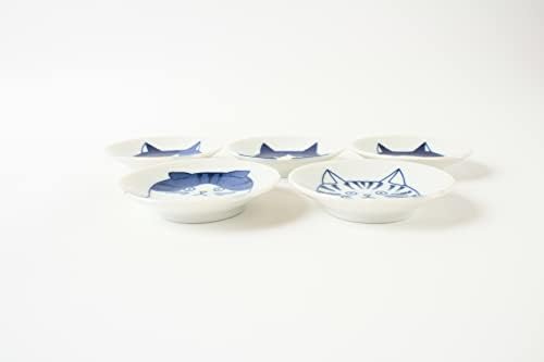 Mino Ware Јапонска керамика Мини плоча/сет на садови од 5 пет лица со мачки бели и сини направени во Јапонија GBS001