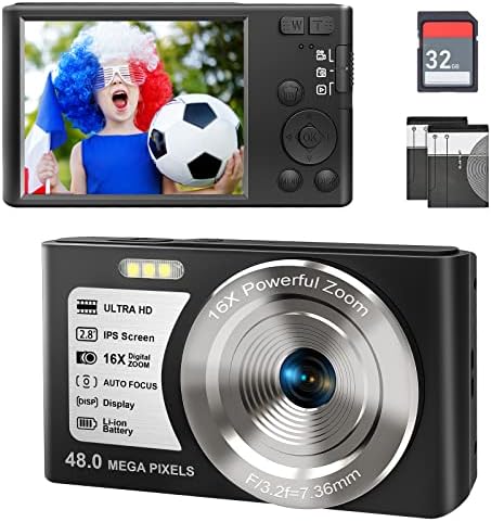 Деца дигитална камера, FHD 1080p Компактна камера 48MP Автоматски фокус 16x дигитален зум Преносна камера за момчиња, девојчиња,