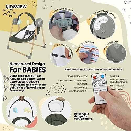 Bluetooth Бебешки Лулашки за Доенчиња, Смирувачки Пренослив Замав со 6 Движења и 12 Мелодии, Електричен Замав За Бебиња за 6-25 фунти, 0-12