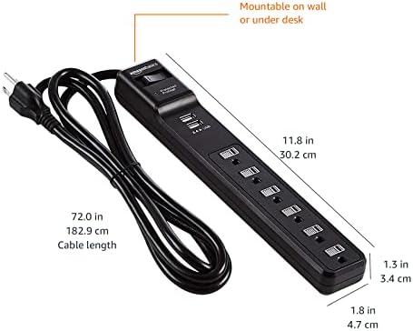 Основи на амазон 6 - Излезна Заштитна Лента За Напојување Со 2 USB Порти - 1000 Оиул, Црн