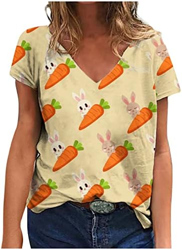Велигденски кошули за жени секси V-вратот кратки ракави маички врвни зајаци печатени обични маици удобни пулвер за дами