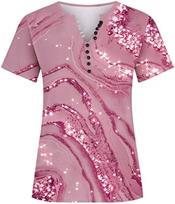 Врвови за туника за жени лабава фит копче V вратот со кратки ракави маица гроздобер цветни печатени маички летни проточни кошула блуза