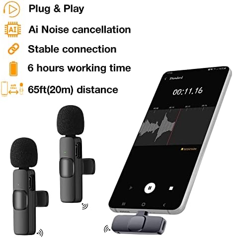 PowerDewise Безжичен лавалиер микрофон за Android телефони USB Type C, iPad MacBook, откажување на бучава, безжични микрофони,