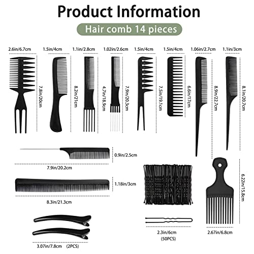14 компјутери Професионален чешел за коса поставен за жени мажи, стилисти за коса стилизирање на чешли за коса Поставете додатоци