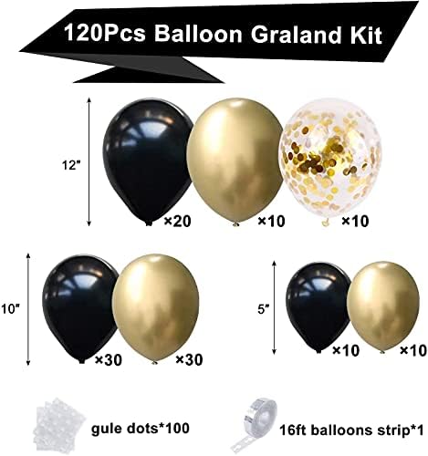 Комплет за црно злато балони - 120 парчиња црно металик злато конфети латекс балони лак комплет за свадби, роденденска забава, дипломирање