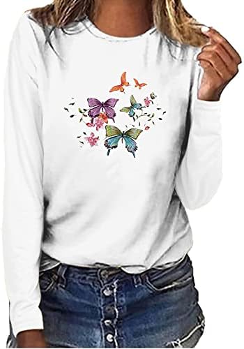Женска Секојдневна Кошула Со Долги Ракави Симпатична Шарена Пеперутка Графичка Маичка На Екипажот Блуза Лето Опуштено Вклопување