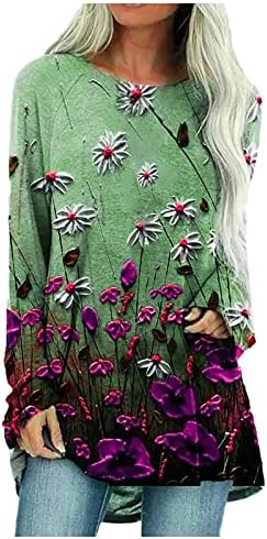 Кошули со памук фустани женски женски пуловер тркалезен врат со долг позиционирање на цветниот принт со долг ракав врв