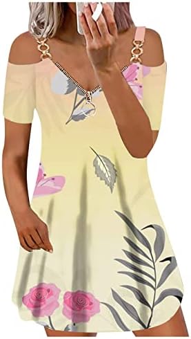 Требин женски v врат со краток ракав со кратки ракави за печатење на патент Оф-рамо фустан, обичен фустан за патување