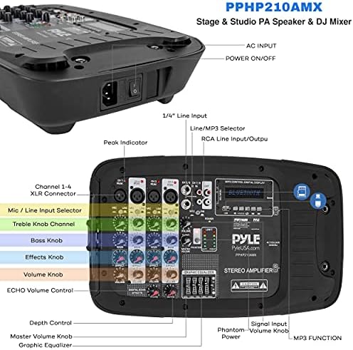 Пакет за миксер Pyle PA Speaker DJ - Преносен безжичен Bluetooth звучен систем W/USB SD XLR 1/4 RCA влезови, LED светла - двоен звучник,