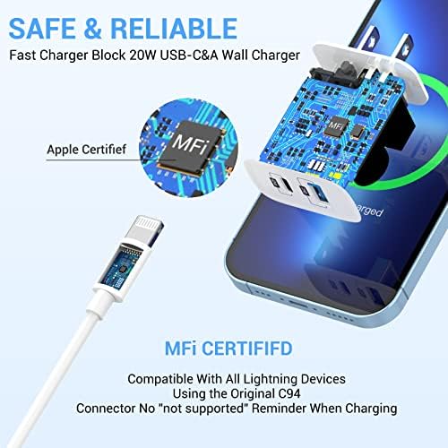 Iphone Fast Wall Wallger 20W, 【MFI Сертифициран】 Elktry Dual-Port PD 3.0 USB C & QC 3.0 USB блок за полнач со 6FT молња кабел компатибилен