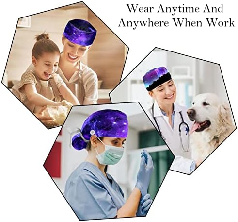 2 ПЦС медицинска сестра за чистење капаци жени долга коса, цветни бувови прилагодливо работно капаче со копче и џемпер -лента
