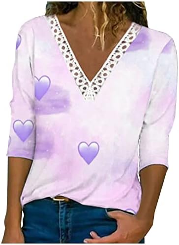 Врвови за жени 2023 маица 3/4 долги ракави Туника Туника Врвна облечена чипка за чипка на вратот од вратот за празник, кошула за