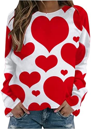 ZCVBOCZенски ден на в Valentубените Денот на в Valentубените, лабава тркалезен врат со долг ракав, пулвер за срце, графички печати