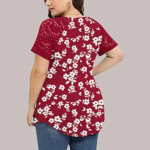 Преголеми врвови за туника за жени трендовски цветни печатени маица против чипка на вратот кратки ракави Топ летни обични блузи