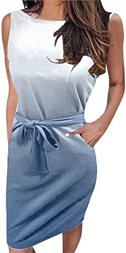 Пролетни фустани за жени 2022 Обични летни резервоари без ракави, ленти, врзани половини миди со џебови со џебови