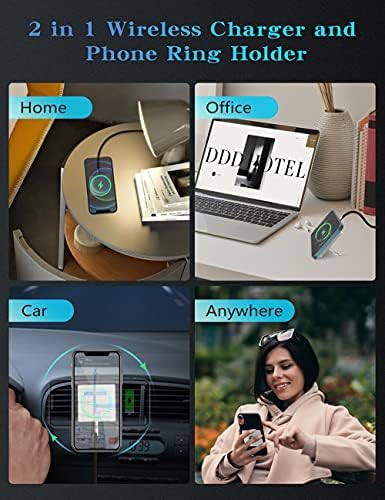 Амикус 2 во 1 магнетски безжичен полнач монтирање со држач за прстен за автомобил, 15W Qi Брзо полнење компатибилен со iPhone 14/13/12 серија,