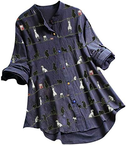 Појавување на кошули за ден на в Valentубените за жени сет жени O-вратот долга горната кошула лабава копче обична блуза за печатење на ракави