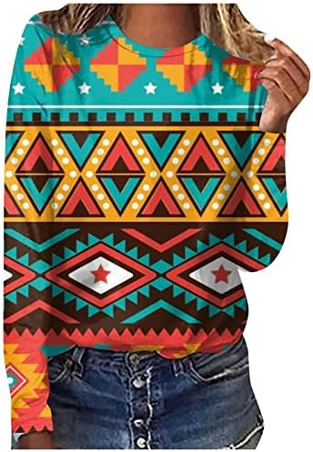 Женски кошули со долги ракави од 2023 година Ацтек геометриски печати етнотички врвови на екипажот на екипаж манжетни лабава блуза