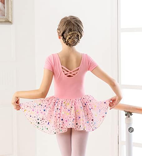 Wyhdy Girls Ballet Leotards for Dance Hollow Crisscross Back кратки ракави, сјајно здолниште
