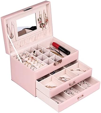 Кутија за накит со 3 слоја PU кожа заклучен со накит за складирање на накит со кадифена обвивка за преносна кожна кутија за накит