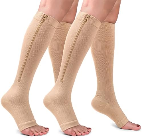 2 пара чорапи за компресија на бакар патент 15-20ммг-калф колено Високо отворено пети Поддршка за порибување на порибување на порибување