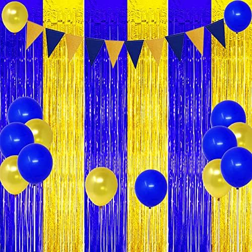 Декорации за забава со сина златна забава фолија раб завеса, украси за дипломирање на забави 2023 метални завеси од ливчиња Фото