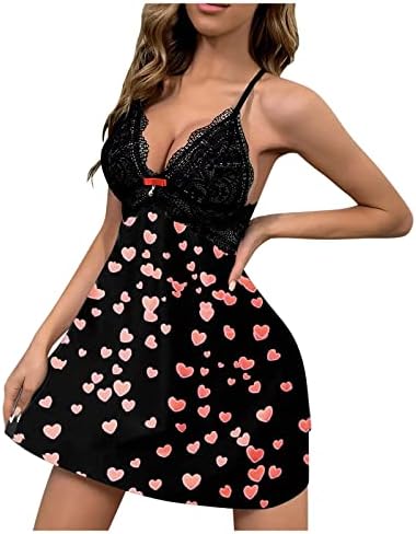 Женска облека за спиење чипка ноќница V-врат со целосна лизгање мека пижама фустан за спиење пеперутка/кошула за печатење на срце