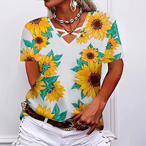 Шуплива v врат кратка кошула за маичка за жени за жени сончоглед летни основни врвови на клучеви на вратот на вратот блуза