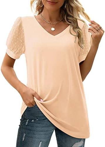 Плус големина на врвови за жени, женски обична цврста боја маица против вратот шифон кратки ракави врвни женски долги ракави ладно