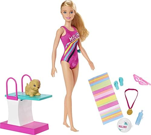 Барби Дримхаус Авантури пливаат нуркање кукла, 11,5-Инчен, Во Костими За Капење, Со Пливање Функција, Нуркање Одбор И Кученце,