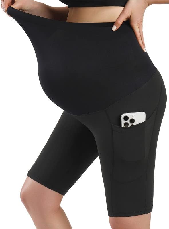 Слатколуна породилно шорцеви над стомакот со џебови, женска бременост активни црни јога каприс панталони