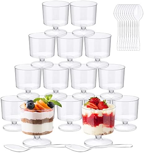 Ruisita 120 пакувања 2 унци мини десерт чаши со лажици стапала со ситници со подножје чисти пластични чаши за вино со апетизатор чаши што служат
