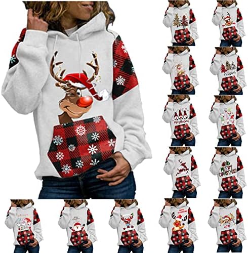 Женски божиќни карирани џемпери со аспиратор лабави Божиќни печати џемпер џемпер дише атлетски дуксери врвни