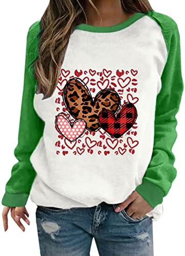Ден на в Valentубените, џемпери за жени за жени, кои се наоѓаат во боја на бои со долги ракави маички мода леопард карирана срцева блуза