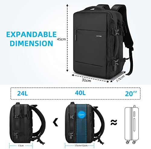 Homiee 40L патувачки ранец TSA Пријателски лет одобрени торбички за носење со USB порта, издржлива торба за викенд, кој може да се прошири дополнителен