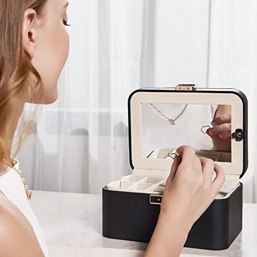 Организатор за накит Камиер, 2 слоја кутија за накит од кожен накит, голем капацитет, двојно заклучување и големо огледало, скриени