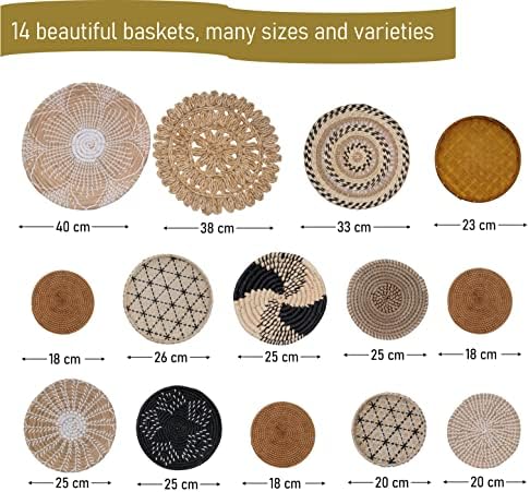 Декор на wallидот на Boho Basket, сет од 14 - висечки ткаени wallидни корпи Африкански дизајн, Бохо wallидна уметност, тркалезен плетен