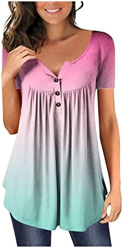 Градиент печатена кратка ракав маица Хенли за женски копчиња нагоре против вратот, плетенка, врвови на блузи со блуза од туника