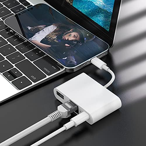 [Apple MFI сертифициран] Молња до RJ45 Ethernet адаптер, 3 во 1 RJ45 LAN Ethernet Network Adapter за iPhone/iPad со порта за полнење и USB 3.0