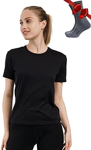 Merino.Tech Merino волна маица жени - мерино волна од волна, жени со краток ракав, мери + мерино волна чорапи