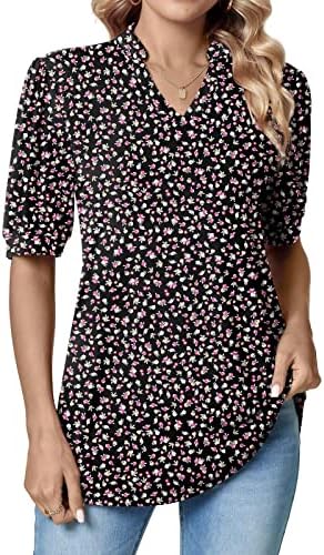 Летни долги кошули на Lcepcy за дами облечени обични ракави за мафини V вратот маица лабава вклопени блузи за носење со хеланки